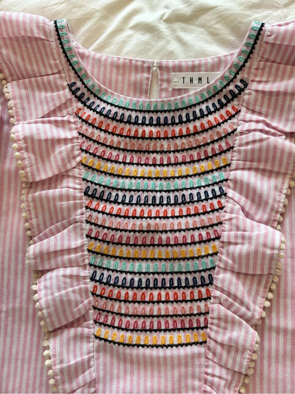 THML Sz L Embroidered Cotton Top Ruffled Sleeves  Pink White Stripes Cottagecore - Picture 5 of 10